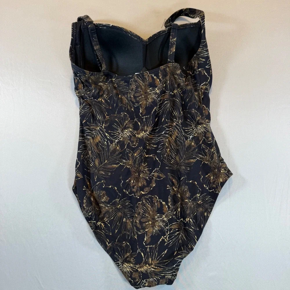 Niptuck Swim Black Gold Foil Floral Rouching One Piece Swimsuit‎ Cup Size 8